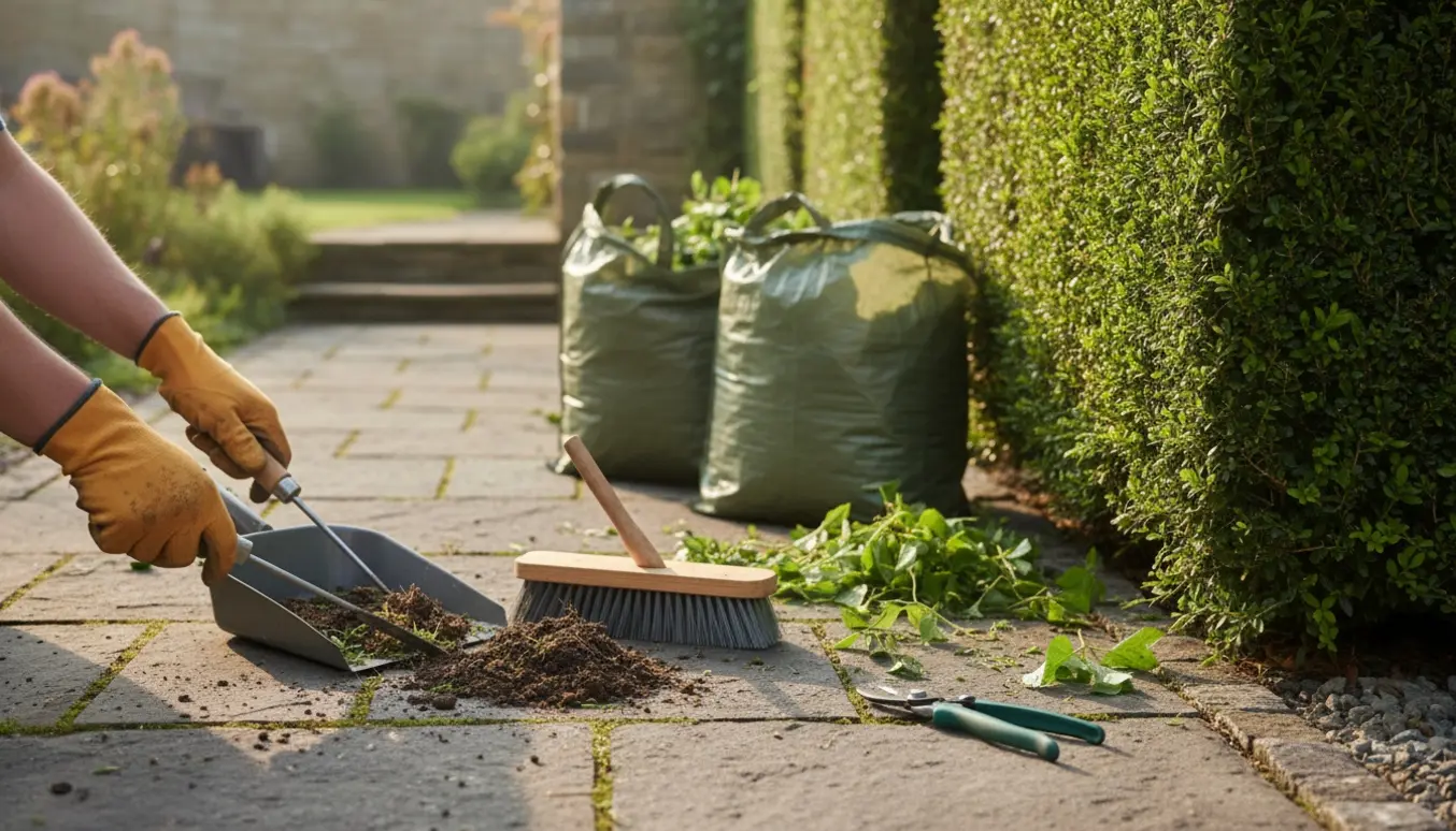 Hænder i handsker fjerner ukrudt mellem fliser og klipper hæk med haveaffaldsposer ved siden af.