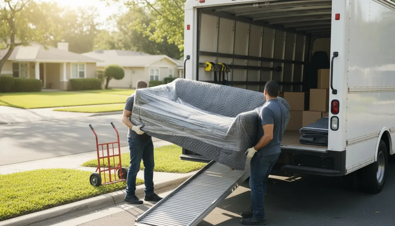 En sofa bliver løftet ind i en flyttevogn med flyttetæpper og surringsstropper, uden synlige ansigter.