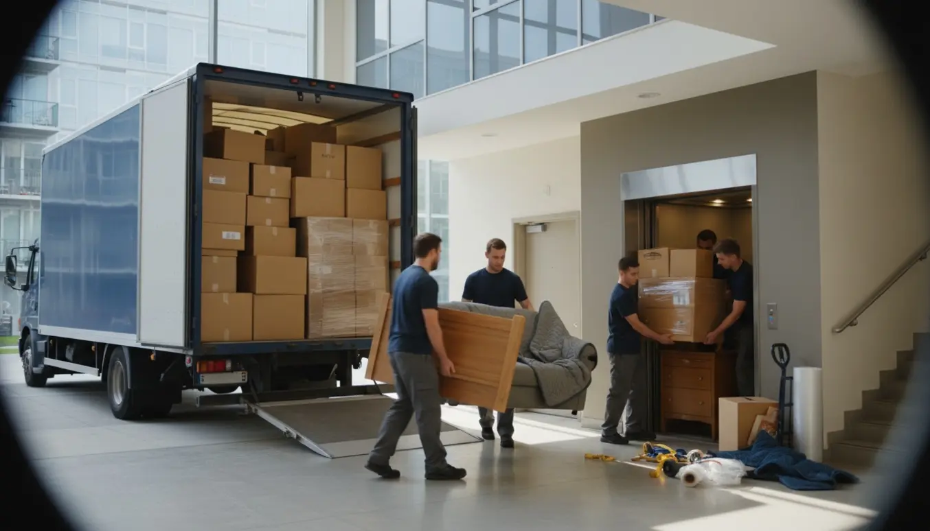 Flyttefolk bærer møbler og cirka 25 flyttekasser fra en lastbil ind i en lejlighed via en lille elevator.