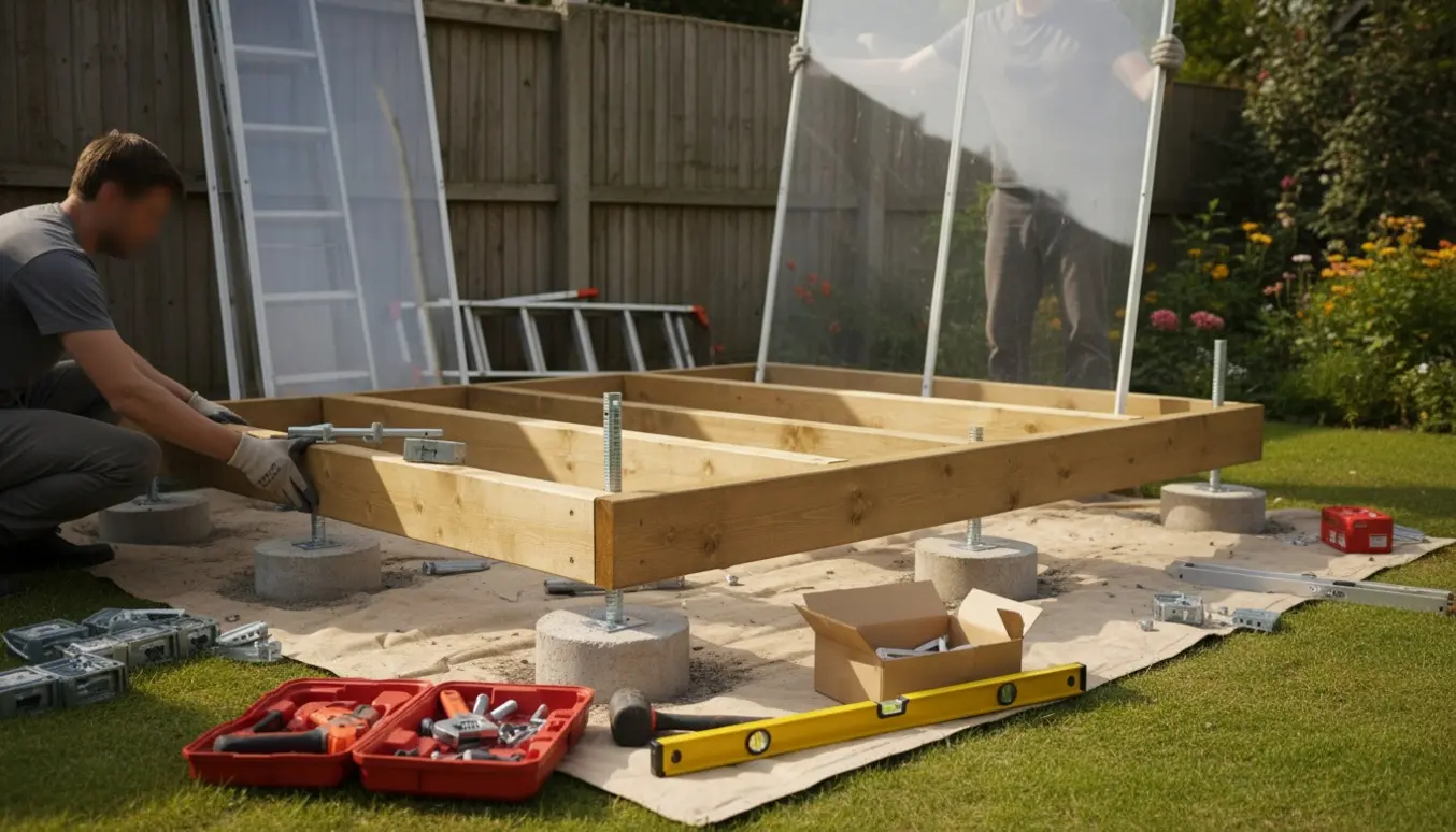 Delvist opstillet drivhus på punktfundament med træramme og plexiglas, håndværkere arbejder med værktøj.