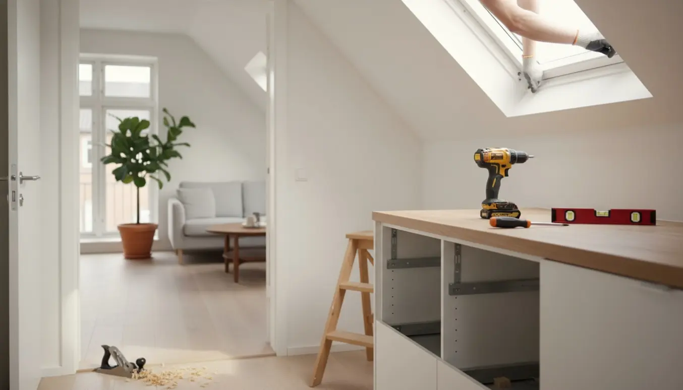 Håndværker justerer et Velux-vindue, retter en dør og stabiliserer en IKEA køkkenskabssokkel i en lys lejlighed på Frederiksberg.