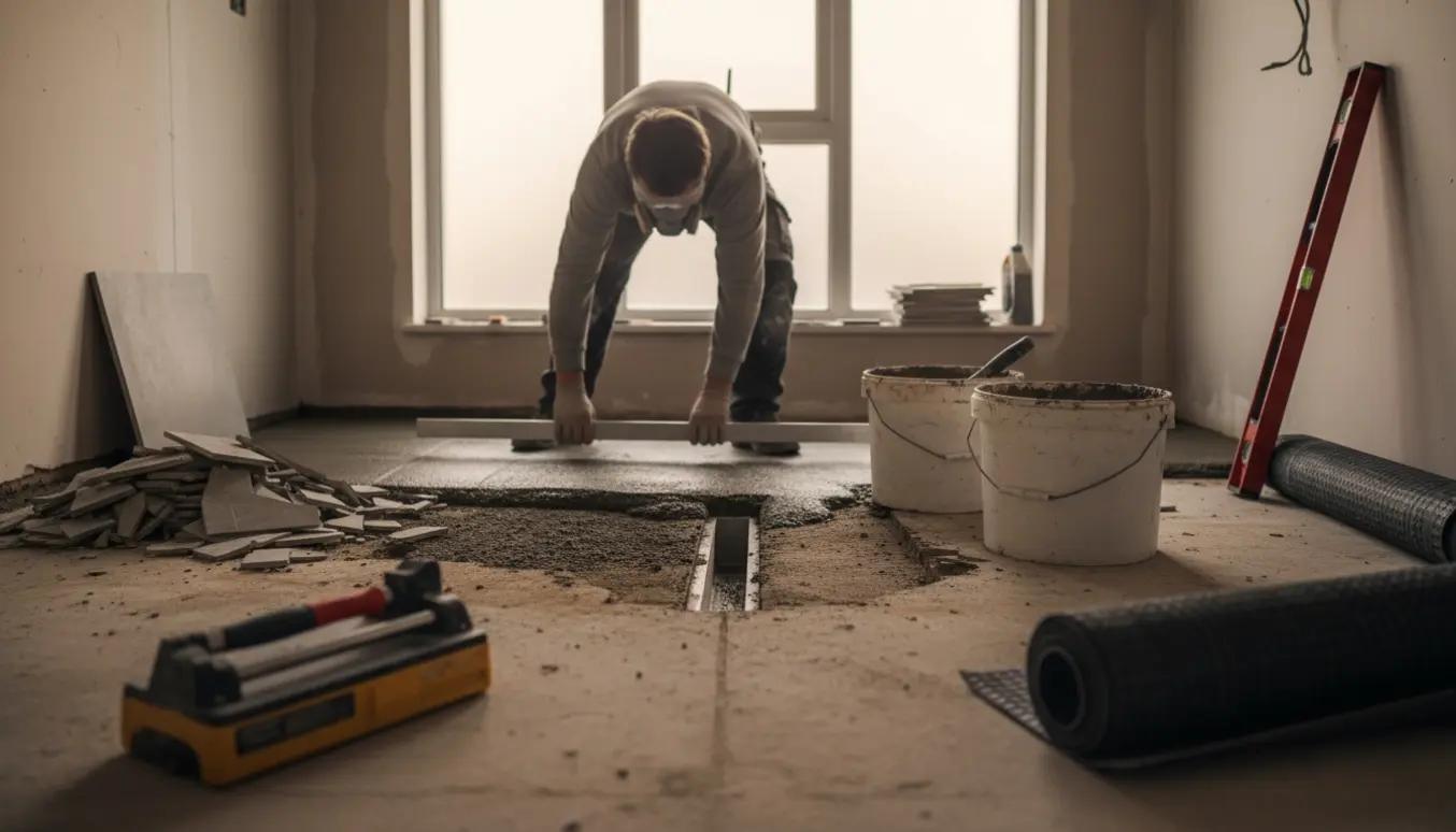 En håndværker uden synligt ansigt afjævner ny mørtel i et lille badeværelse for at skabe korrekt fald mod afløbet under renovering.