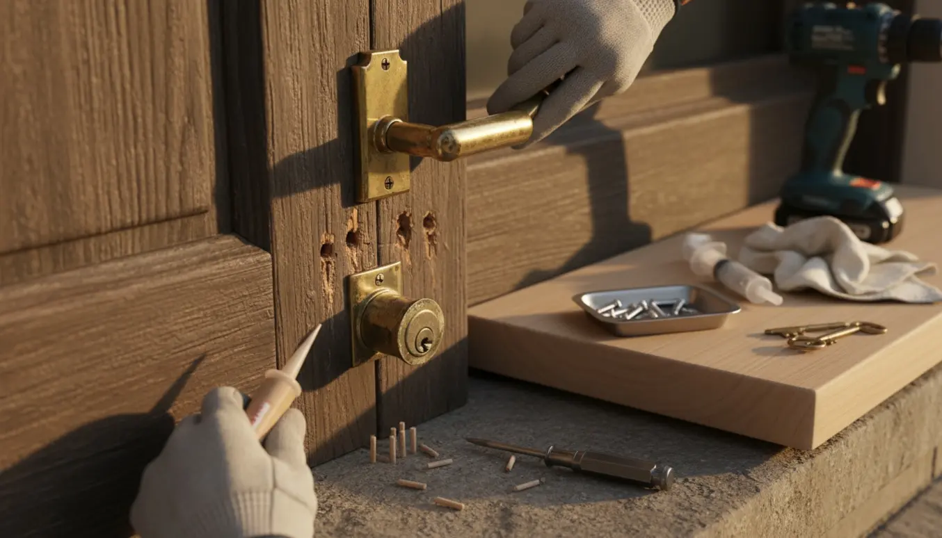 Nærbillede af reparation af et løst messinghåndtag på en udendørs trædør med værktøj og nye skruer.
