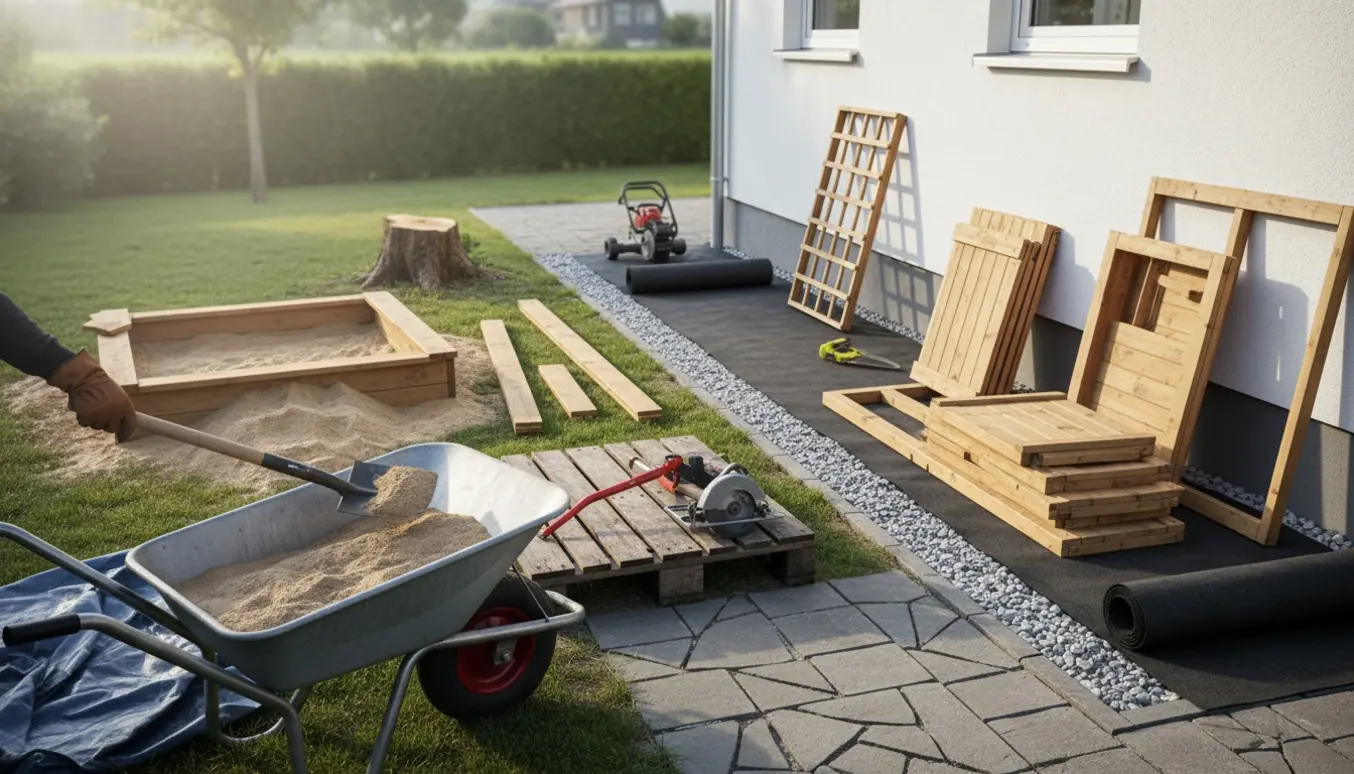 Værktøj og materialer i en have ved gavlen: fjernet sandkasse og legehus, rulle filt og sten klar til lægning ved et fjernet æbletræ.