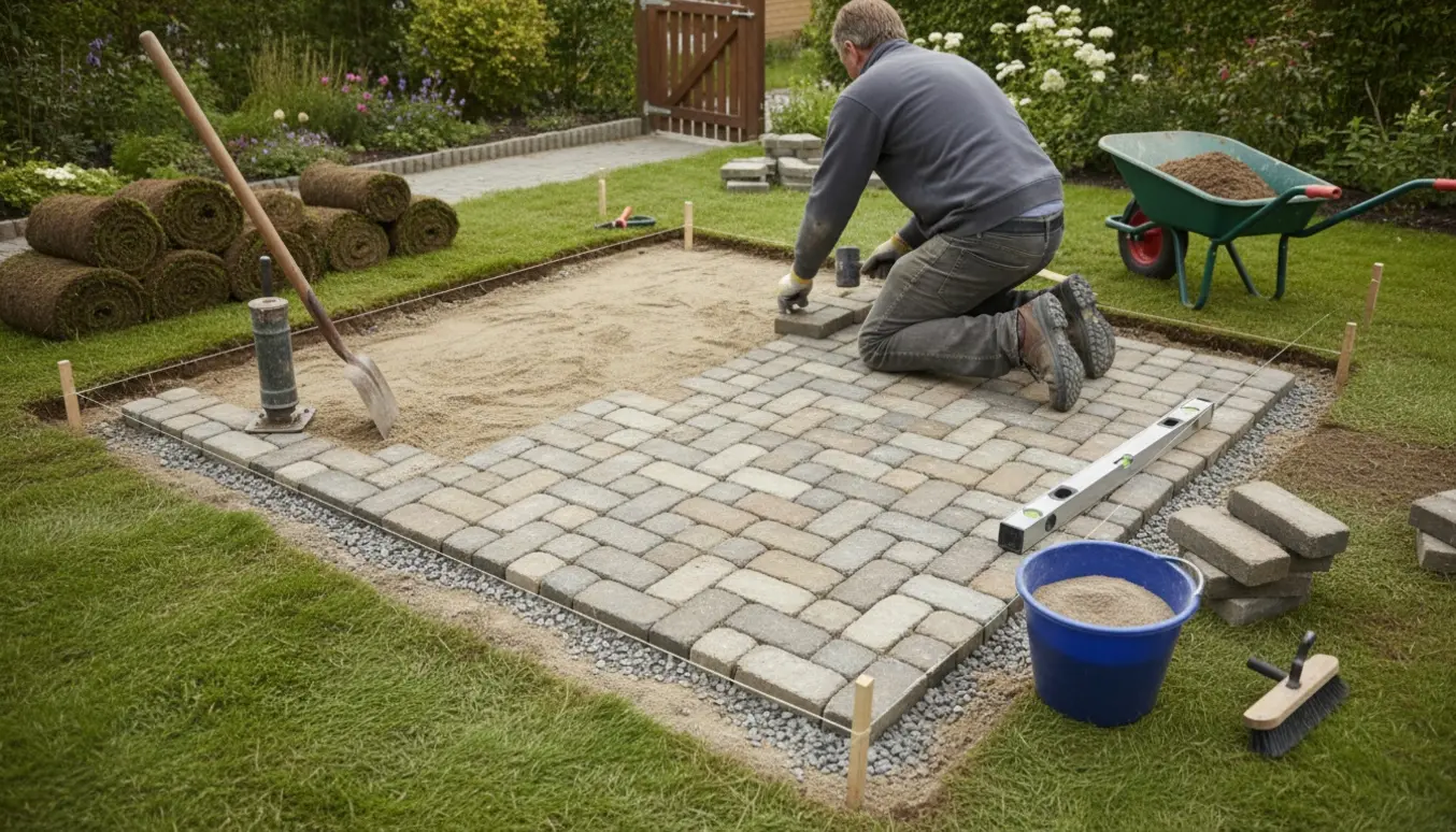 Halvfærdig lille firkantet terrasse i herregårdssten med værktøj og arbejdshænder, ansigt ikke synligt.
