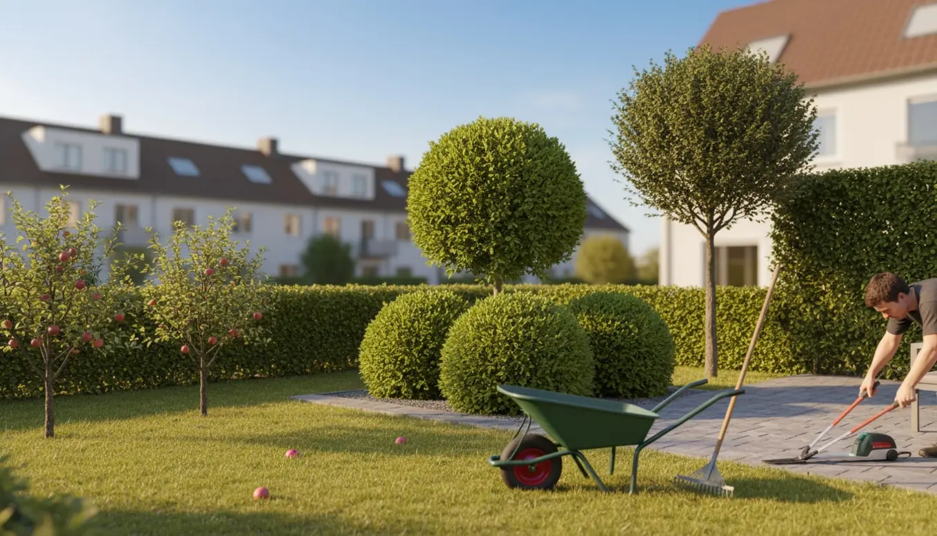 Veltrimmet rækkehushave med klippet hæk, afrundede buske, let beskåret træ og kort græs med nogle nedfaldsæbler.