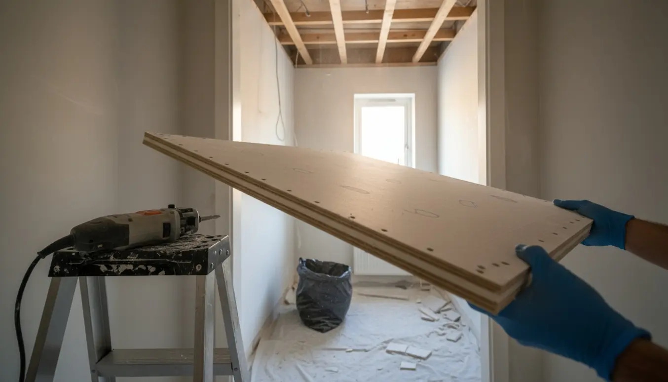 Delvist nedrevet nedsænket loft i entre og lille badeværelse med stige, finecutter og gipsstykker på gulvet.