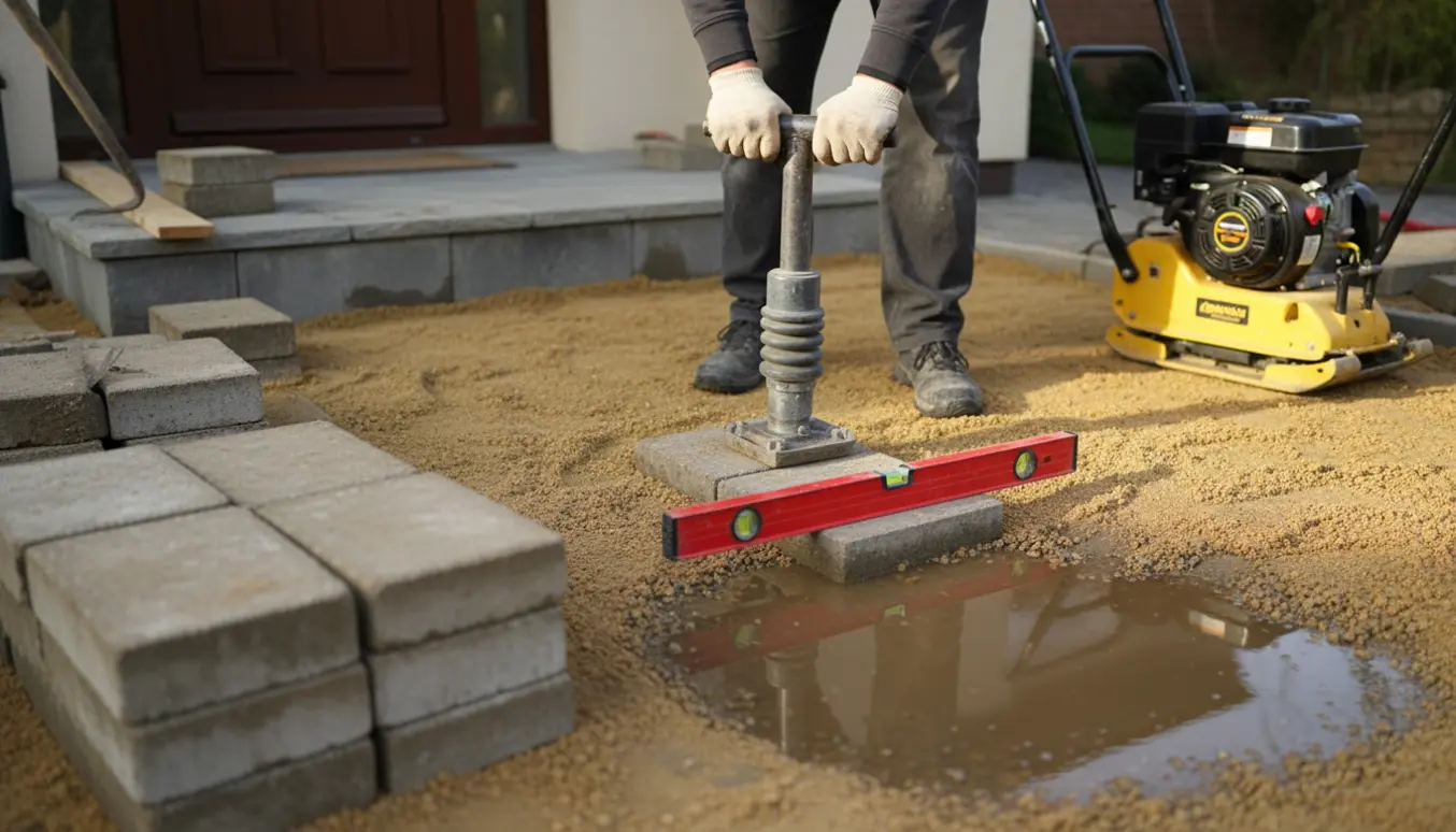 Belægningssten foran hoveddøren er taget op, sand bliver fordelt og stampet, mens fundamentet ved døren justeres.