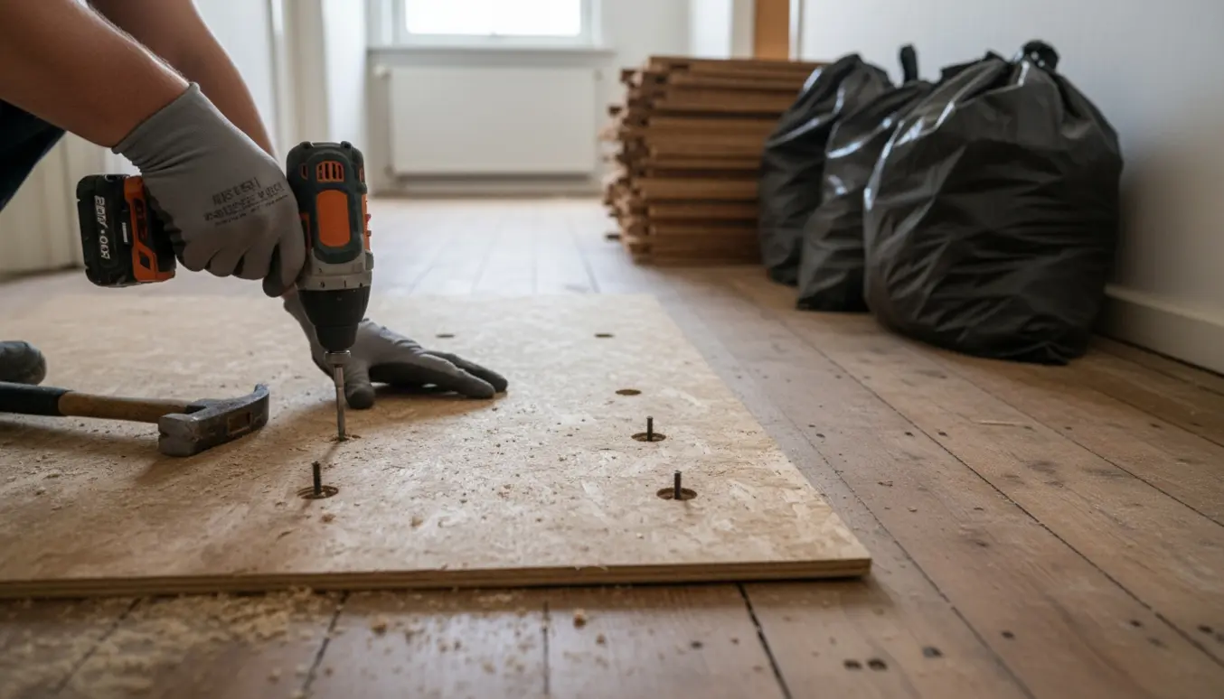 Gloved hænder fjerner spånplade og fletparket i en gang, så originale træguldsbrædder kommer frem.