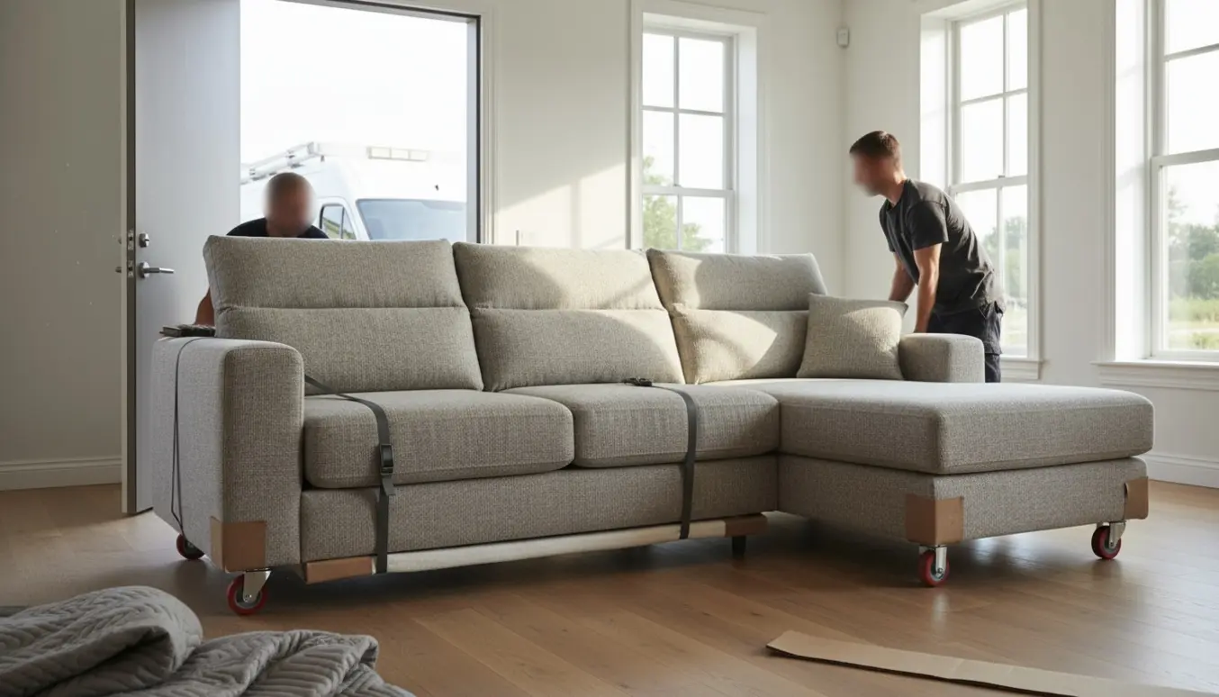 En stor modulsofa med chaiselong leveres ind i en lys, moderne stue pakket i flyttetæpper og på en flyttevogn.