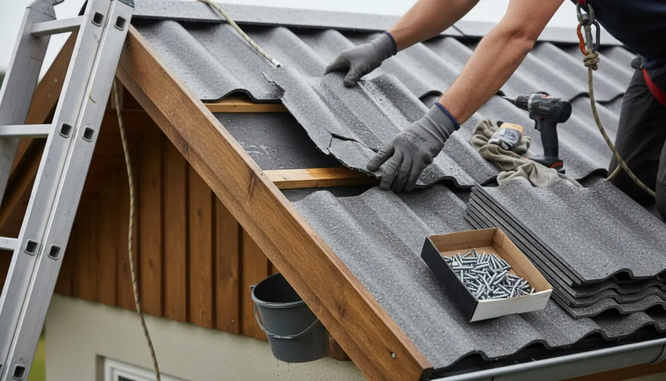 Hænder monterer nye Cembrit tagplader på et vådt tag efter regn.