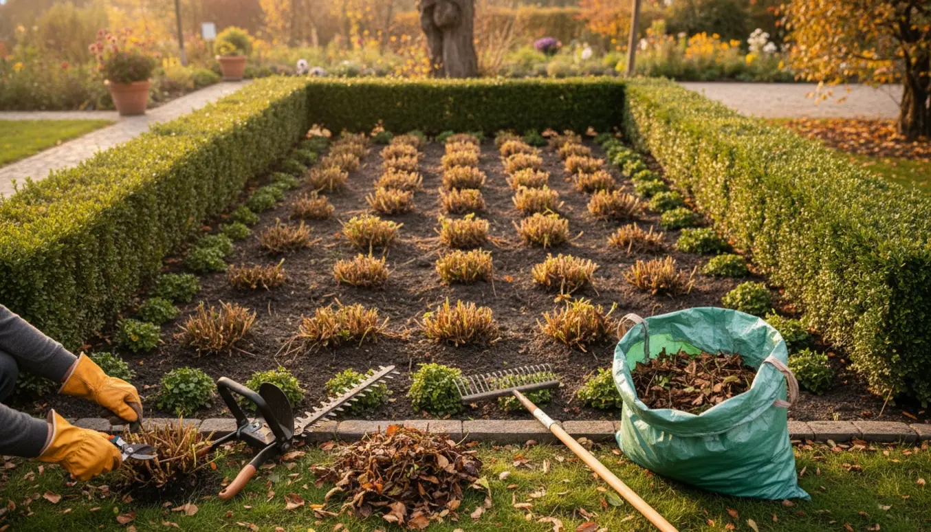 Efterårsbillede af et ca. 10 kvm staudebed med nyskårne hække på to sider og haveredskaber klar.