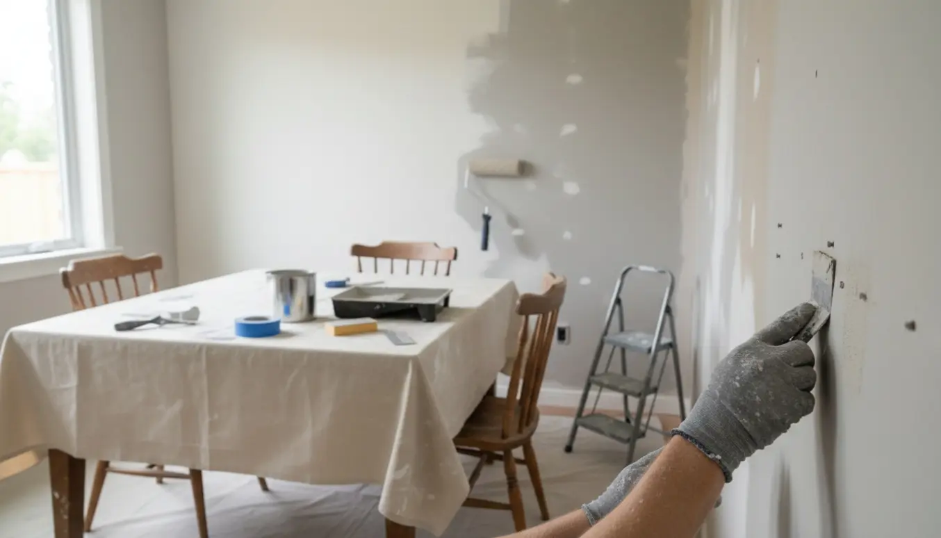 Spisesal under renovering med spartlede vægge og malerudstyr klart til maling.