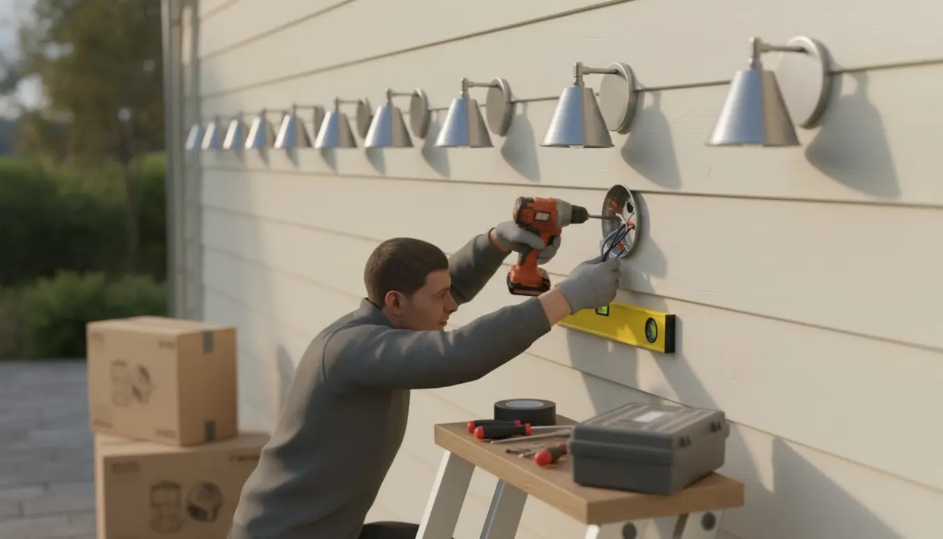 Elektriker monterer en af otte udendørslamper på en husfacade med værktøj og ledninger synlige.