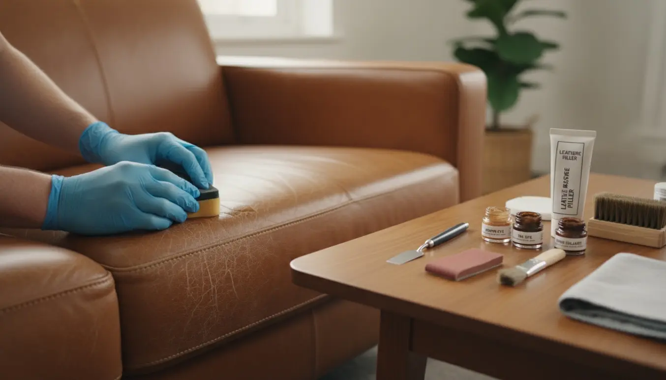 Nærbillede af et hjørne på en lædersofa under reparation med hænder og læderplejeprodukter i blødt dagslys.