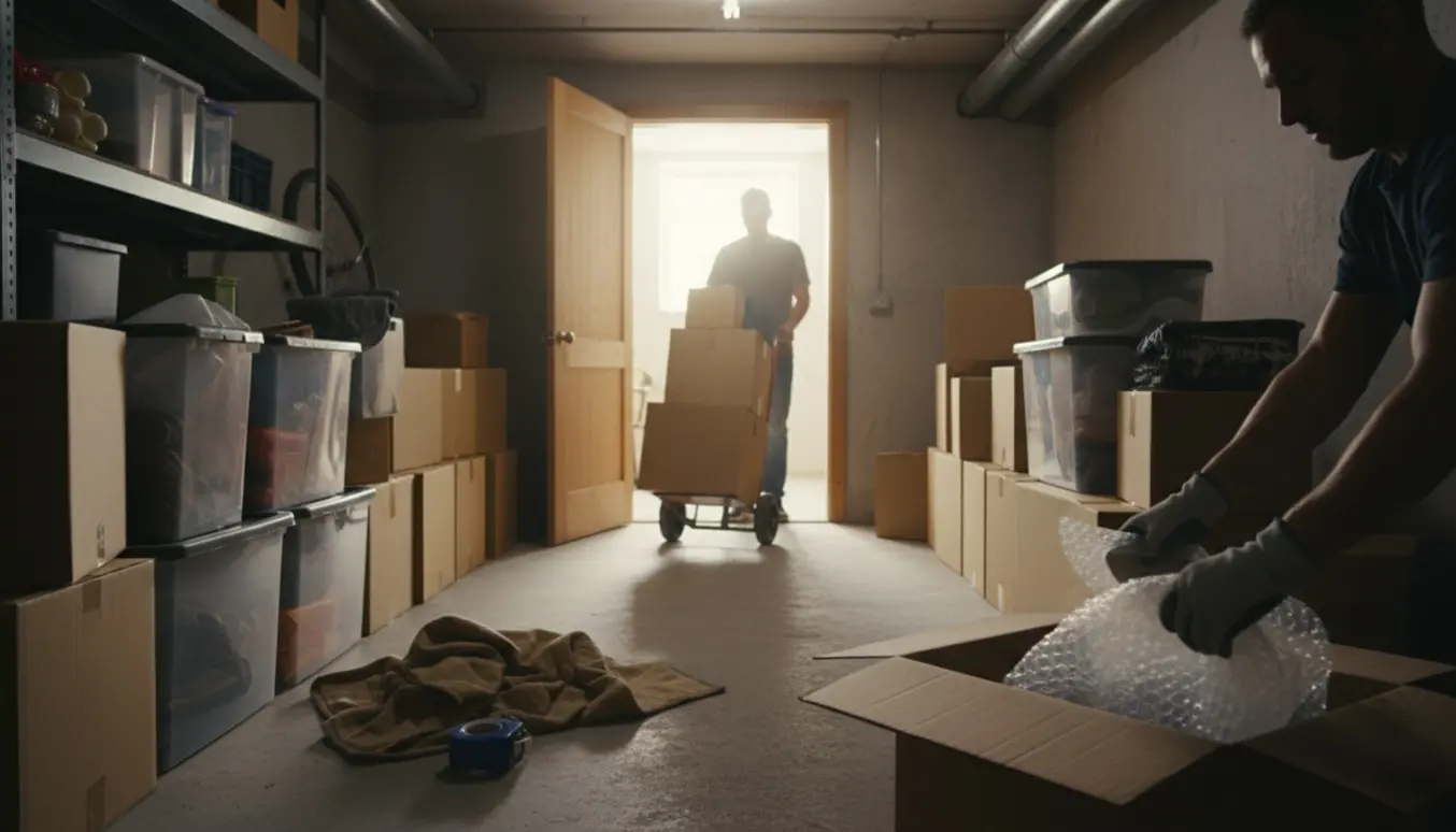 Flytning af flere småting mellem kælderrum med kasser, plastbokse og en flyttevogn.