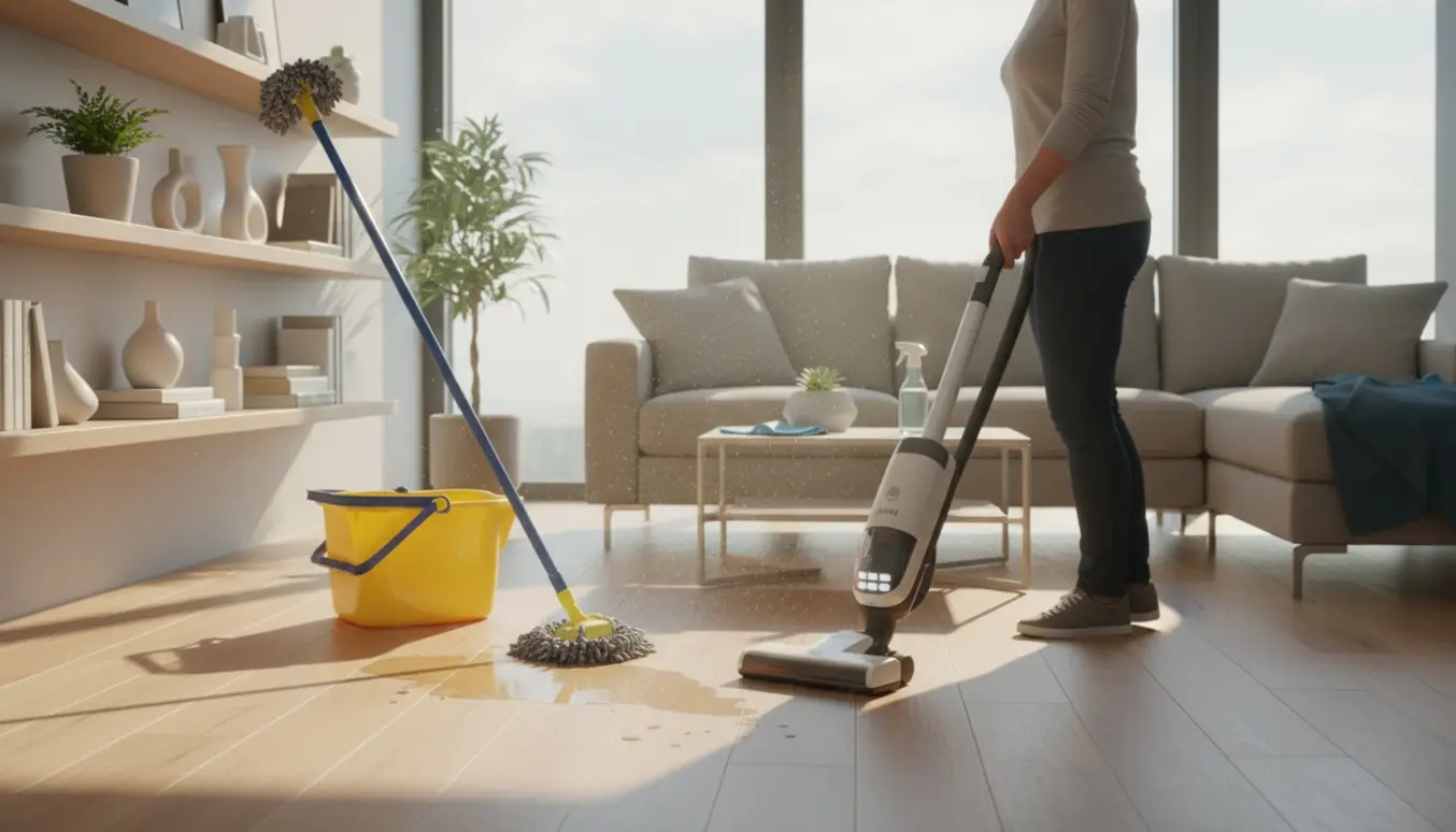 En person rengør en lys mellemstor lejlighed med støvsuger, gulvmop og rengøringsklude.