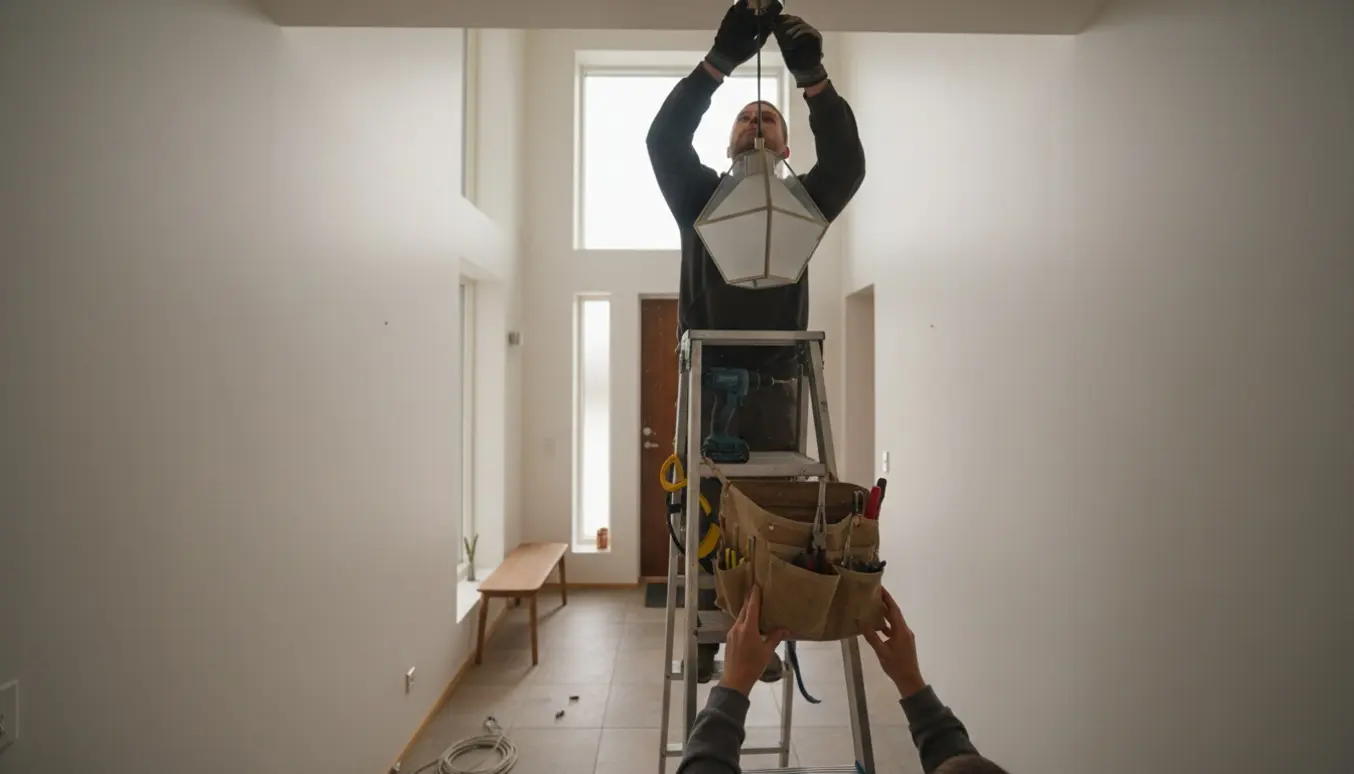 Tekniker monterer en pendel i et højt vindfang fra en stige med værktøj og naturligt dagslys.