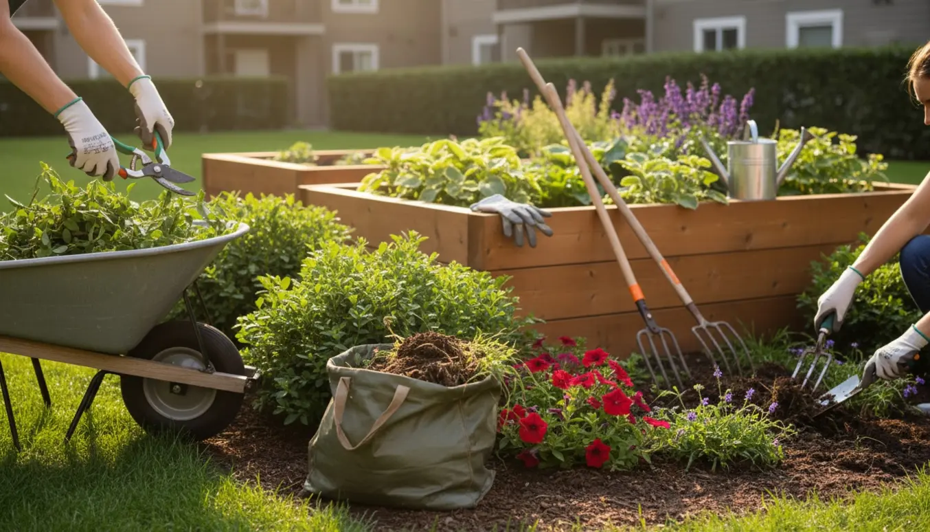 Handskeklædte hænder beskærer en busk og luger et blomsterbed i en lille ejerforenings gårdhave.