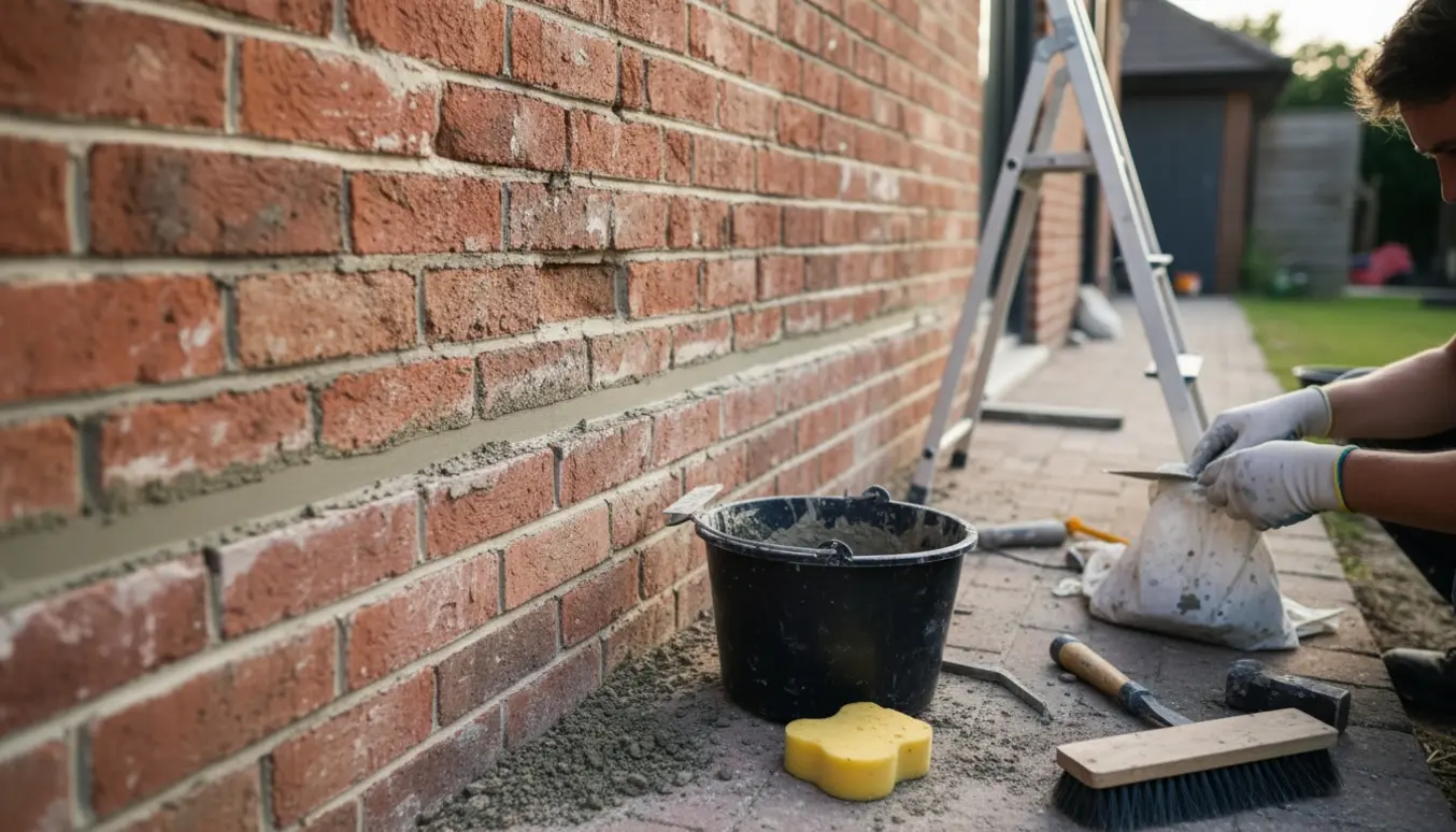 Nærbillede af en ydermur, hvor gammel fuge fjernes og ny mørtel påføres med murske.