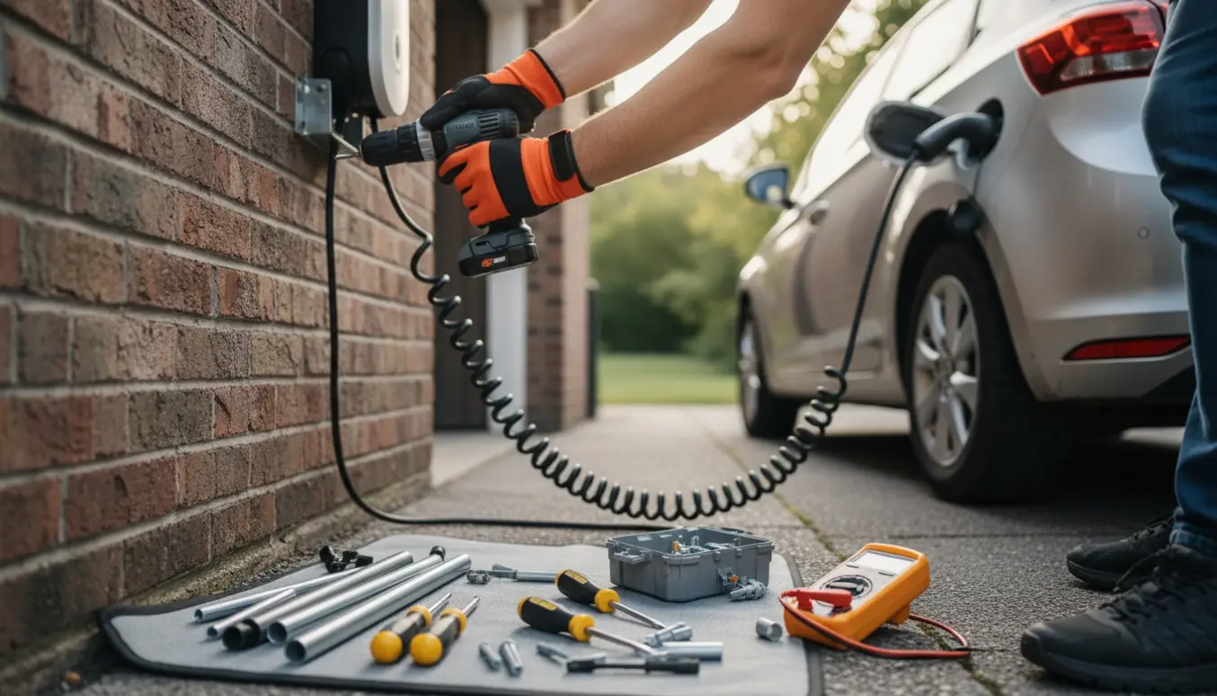 Elektriker monterer en vægmonteret elbiloplader ved en garage, kun hænder og værktøj synlige.