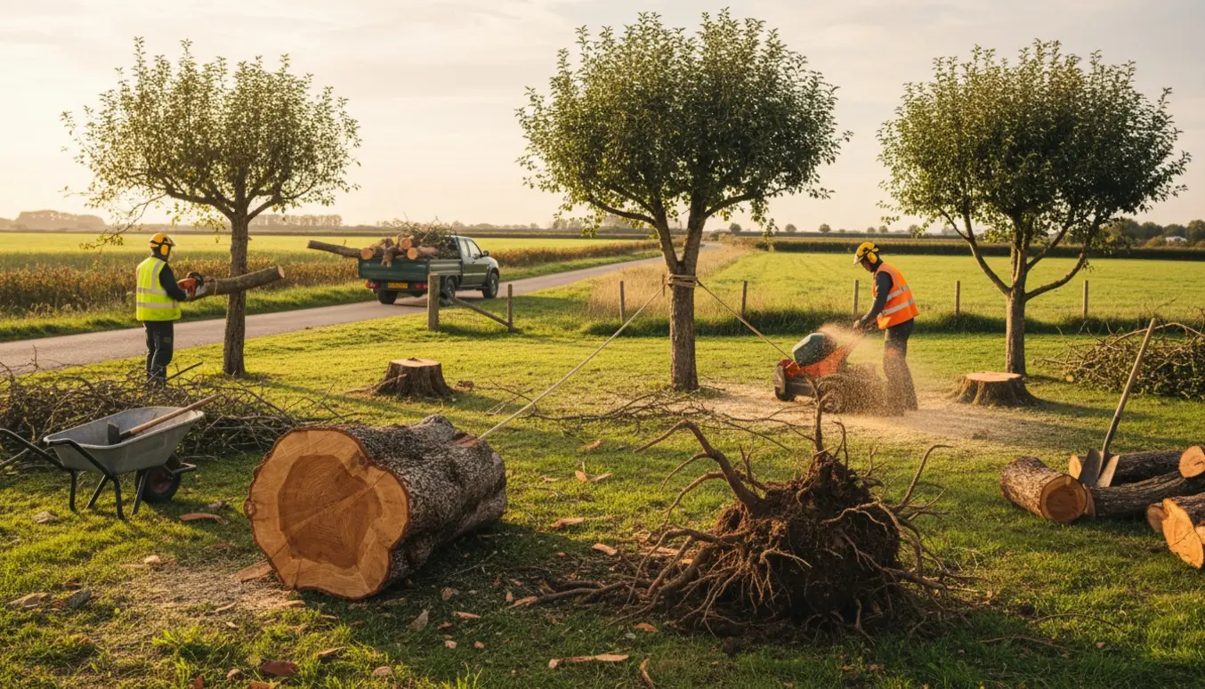 Fire frugttræer fældes og rødder graves op i en landlig have, stammer og grene læsses på en trailer.