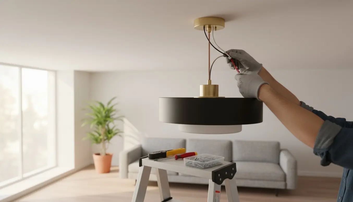 Hænder monterer en loftslampe på en stige i et lyst, moderne rum.