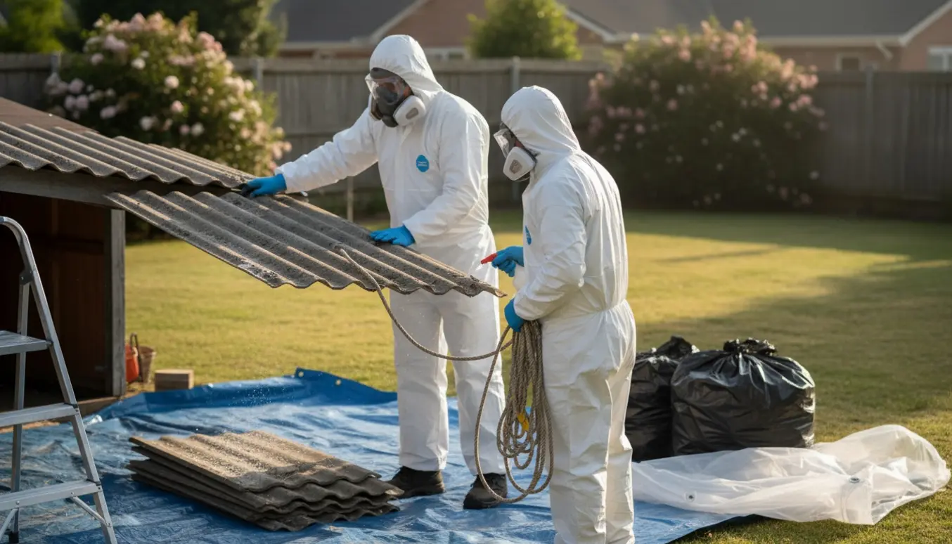 Fagfolk i værnemidler fjerner og stabler eternitplader forsigtigt på plastik i haven.