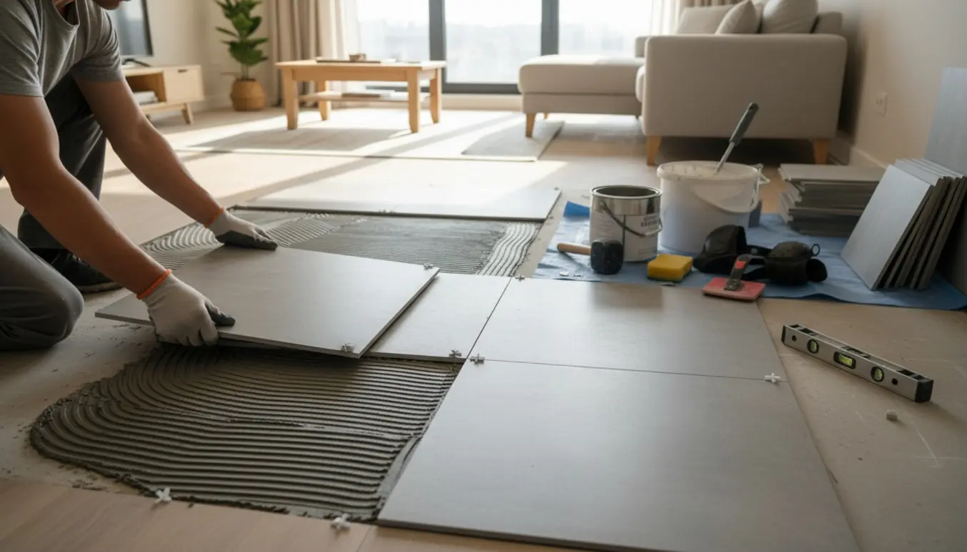 Stue under renovering med 60x60 fliser, hænder lægger fliser med fliseklæber og værktøj rundt omkring.