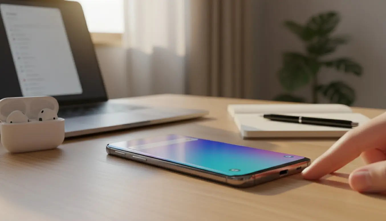 Nærbillede af en Galaxy S10 på et skrivebord med en beskednotifikation på skærmen, mens en hånd rører lydknappen.