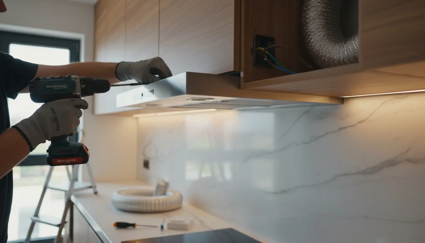 En elektriker monterer en indbygget rustfri emhætte i et nyt køkken med værktøj og åben elinstallation.