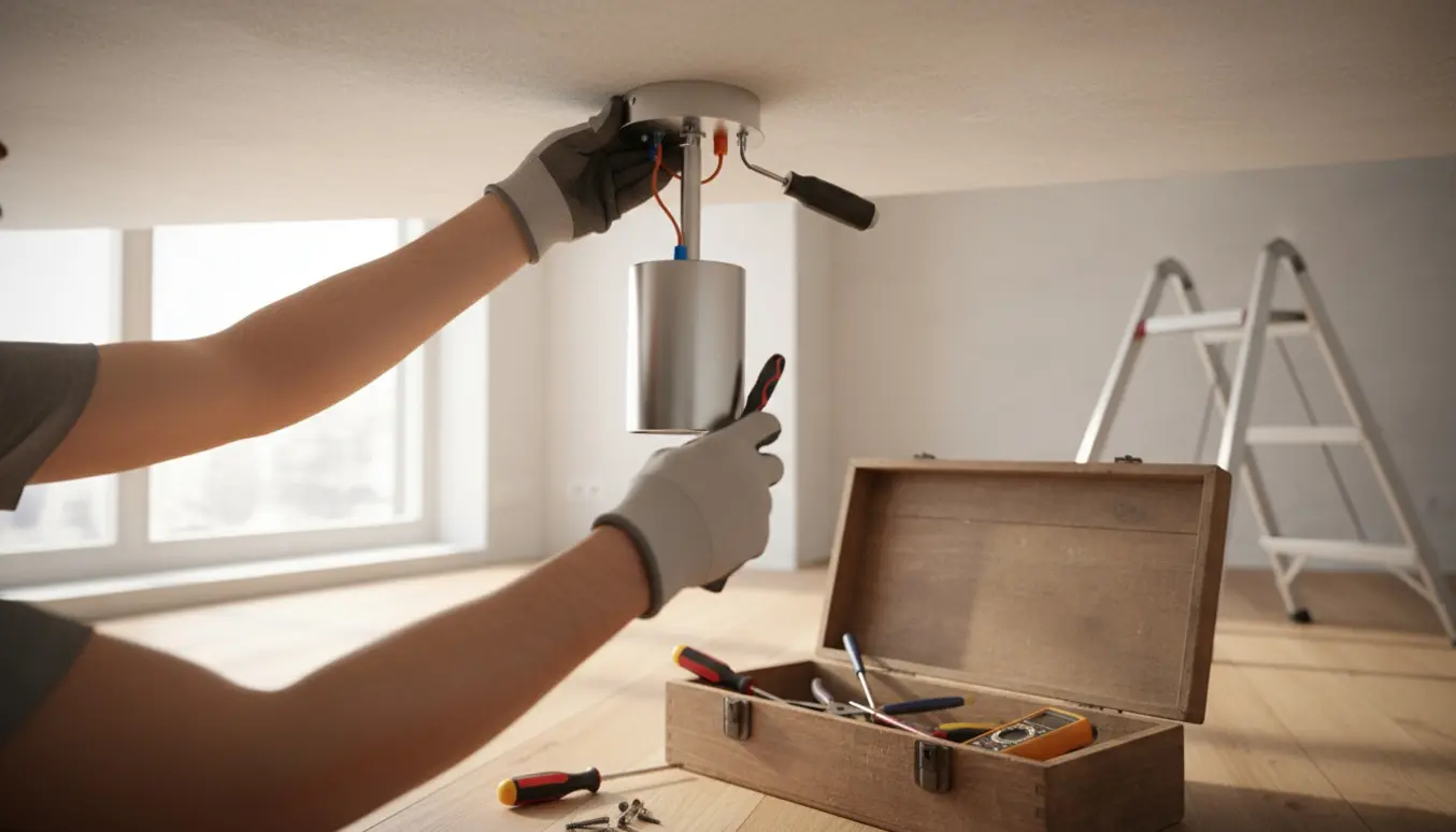 Hænder monterer en loftlampe på en stige med værktøj og åben værktøjskasse i rummet.