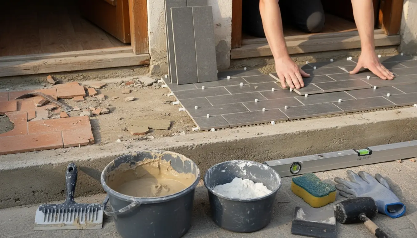 Hænder lægger nye rektangulære 30x60 cm fliser ved to små indgange med værktøj og materialer ved siden af.