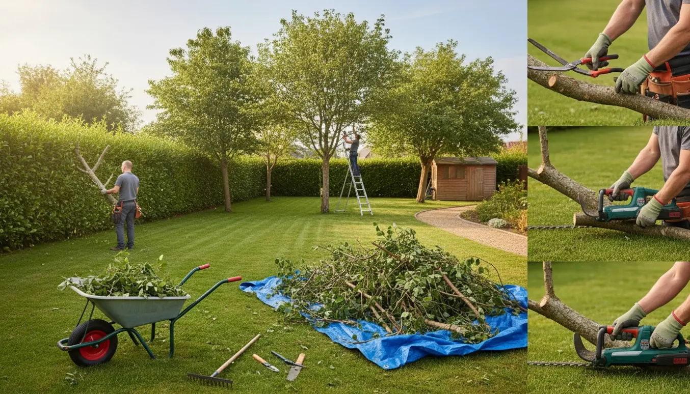 Håndværker trimmer hæk og beskærer træer i en velholdt have med trillebør og samlet grenaffald.