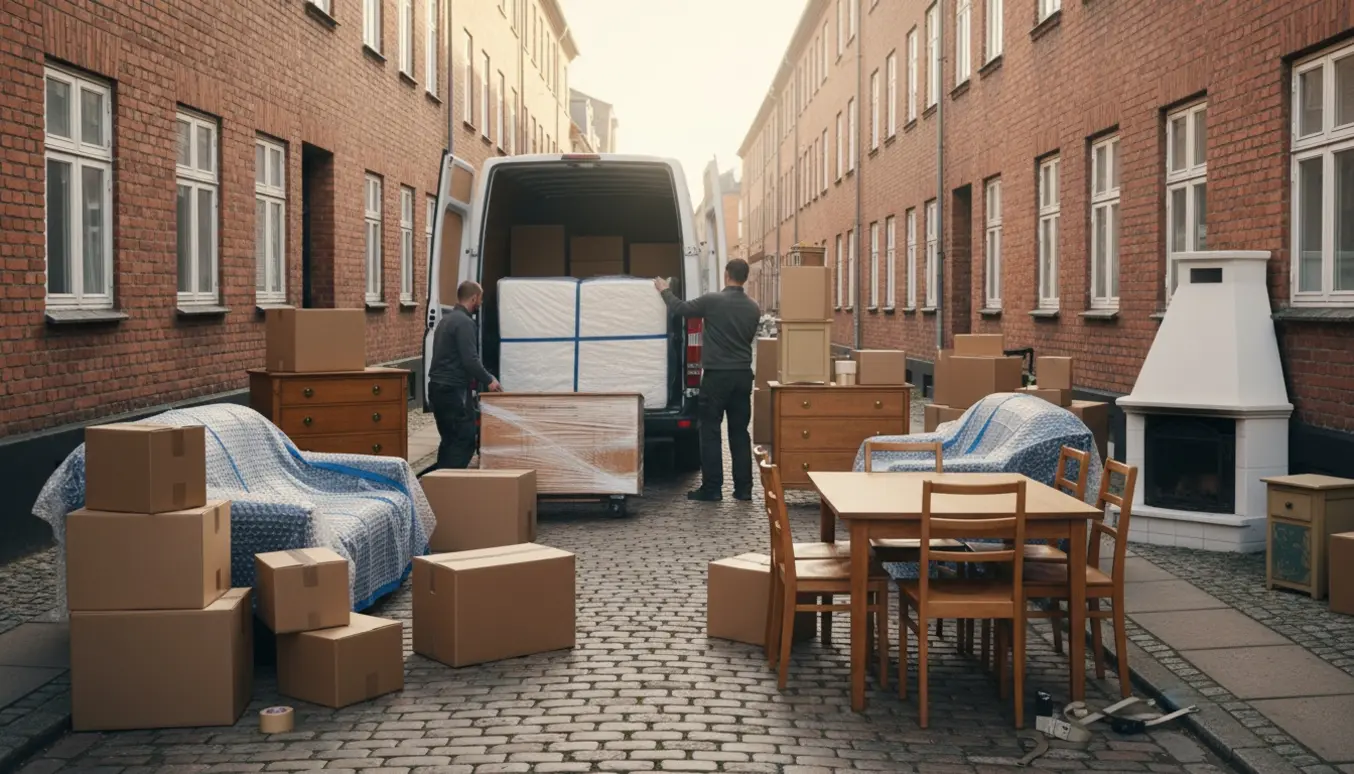 Flyttefolk bærer møbler og flyttekasser ind i en varevogn foran en dansk lejlighedsbygning.