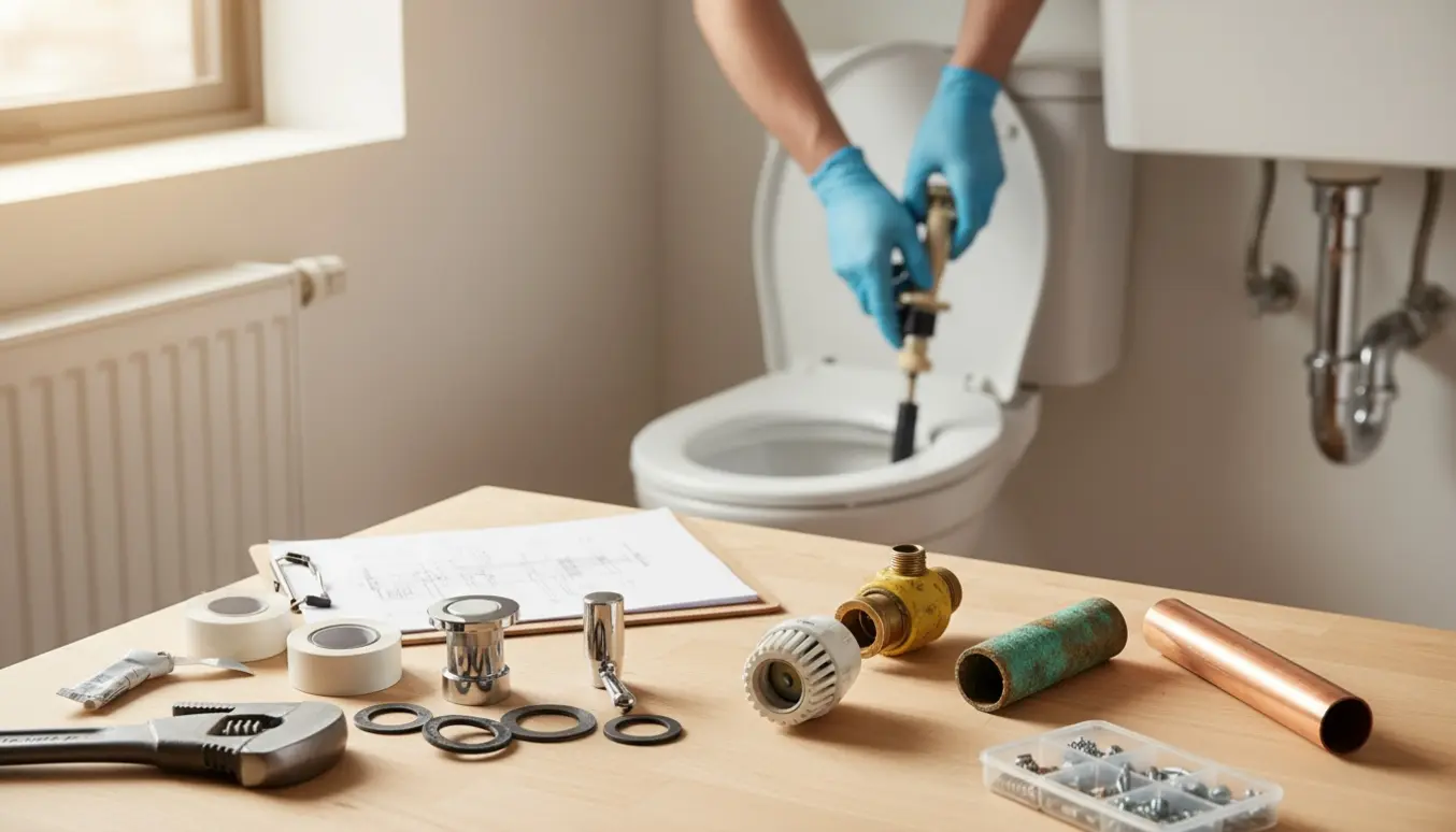 Hænder arbejder på et åbent toilet med defekt skyllesystem, udskiftningsdele, korroderede rør og værktøj ved siden af en mappe med rapportpapirer.