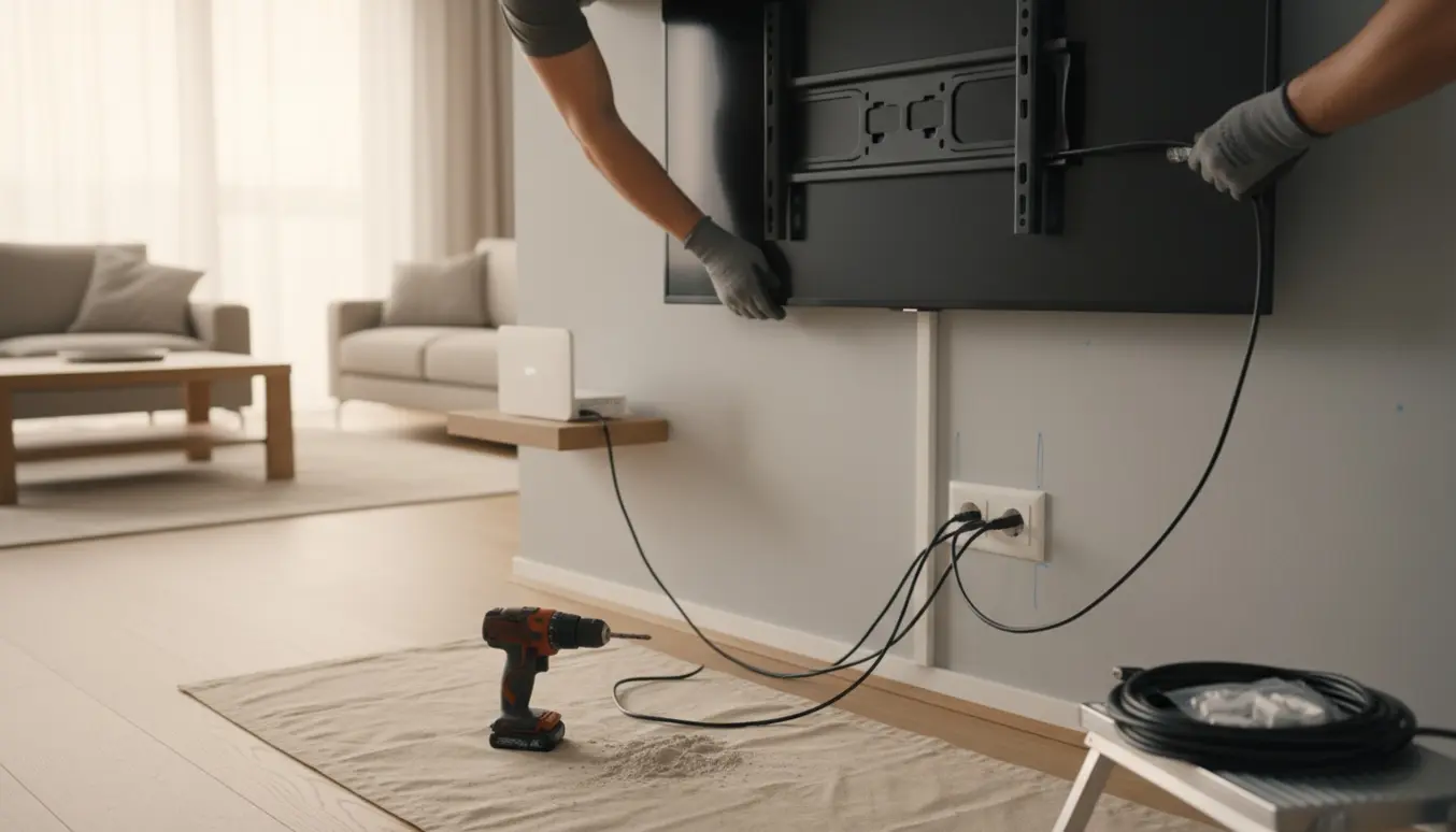 Tekniker monterer et vægophæng og tilslutter et Ethernet-kabel til et fladt TV i en lys stue.