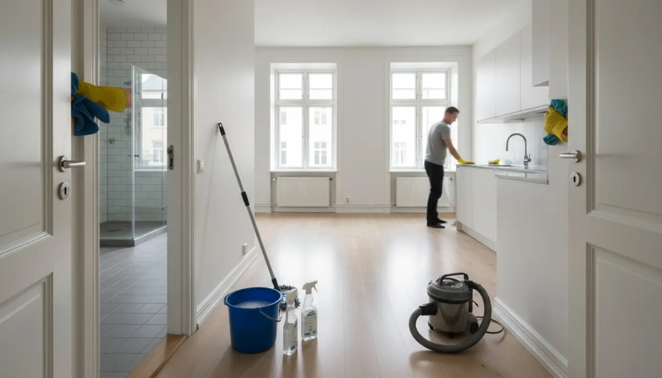 Tom 65 m² lejlighed i Valby under fraflytningsrengøring med rengøringsudstyr.