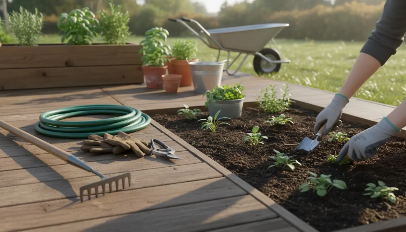 Hænder fjerner ukrudt fra et lille bed ved en træterrasse med haveredskaber klar ved siden af.