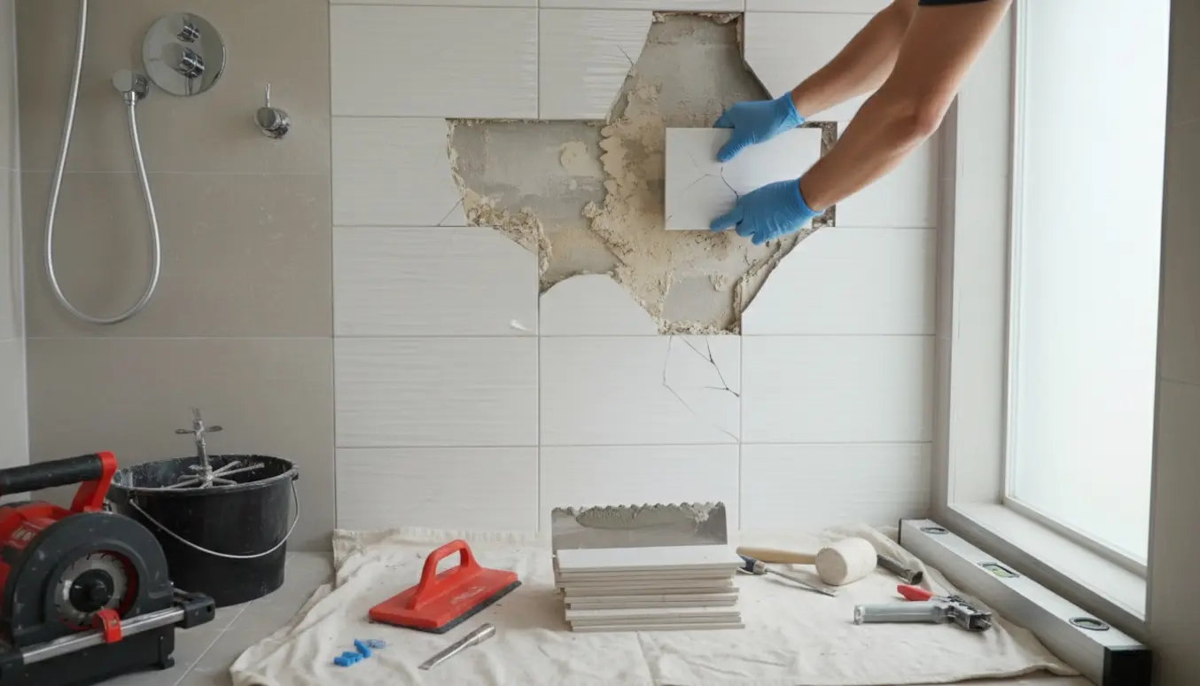 Partielt afmonterede fliser i en bruseniche med værktøj og en stak nye fliser klar til opsætning.