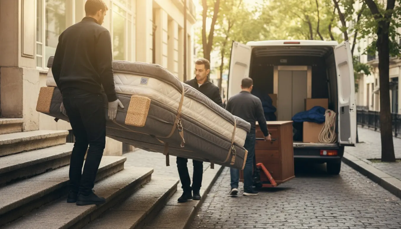 Indpakket dobbeltseng og kommode bæres ned ad en kort trappe ved en lejlighed med varevogn i baggrunden.