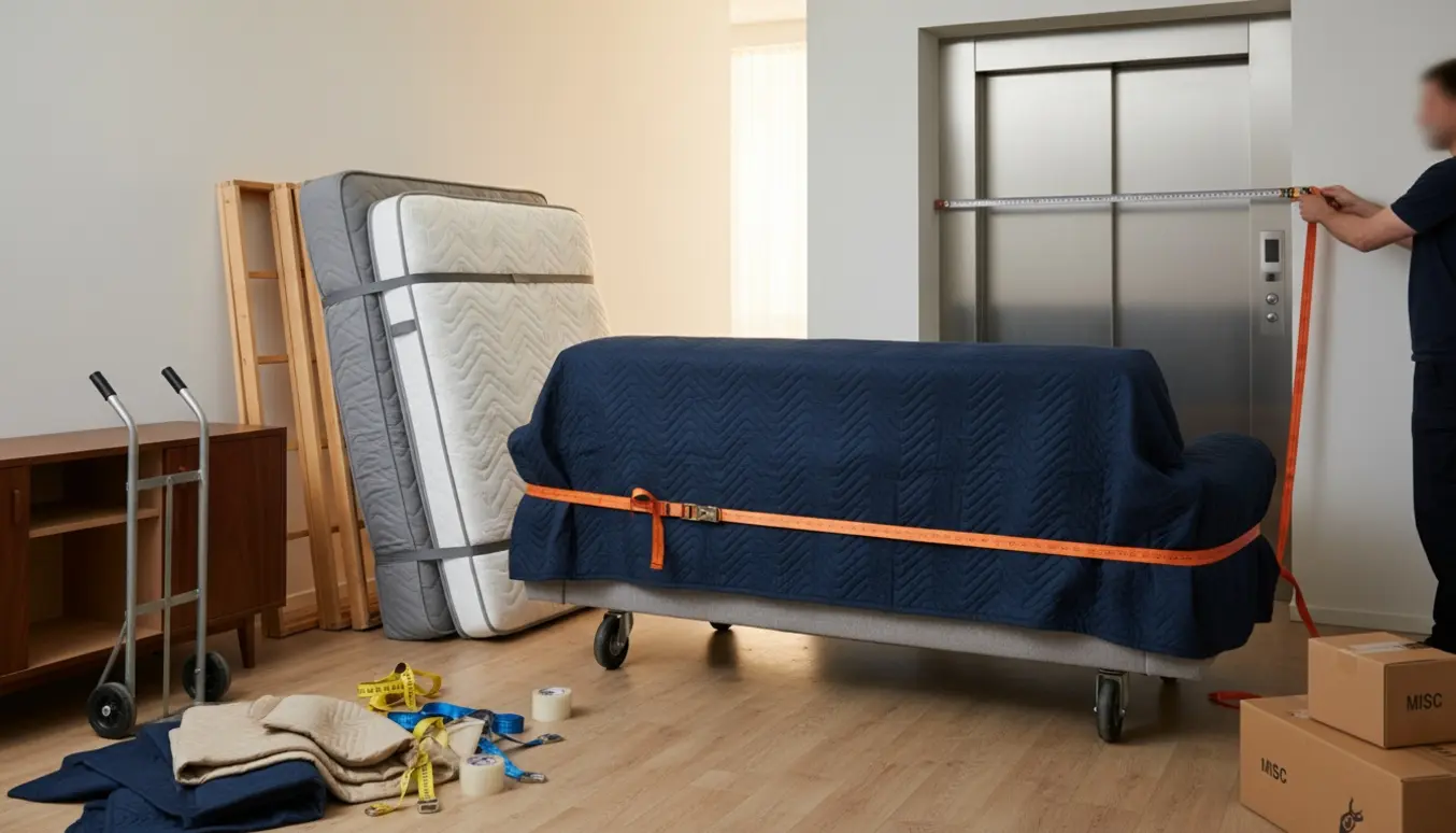 Flyttefolk måler elevatorens åbning mens en hjørnesofa og en kontinentalseng er indpakket og klar til at blive flyttet.