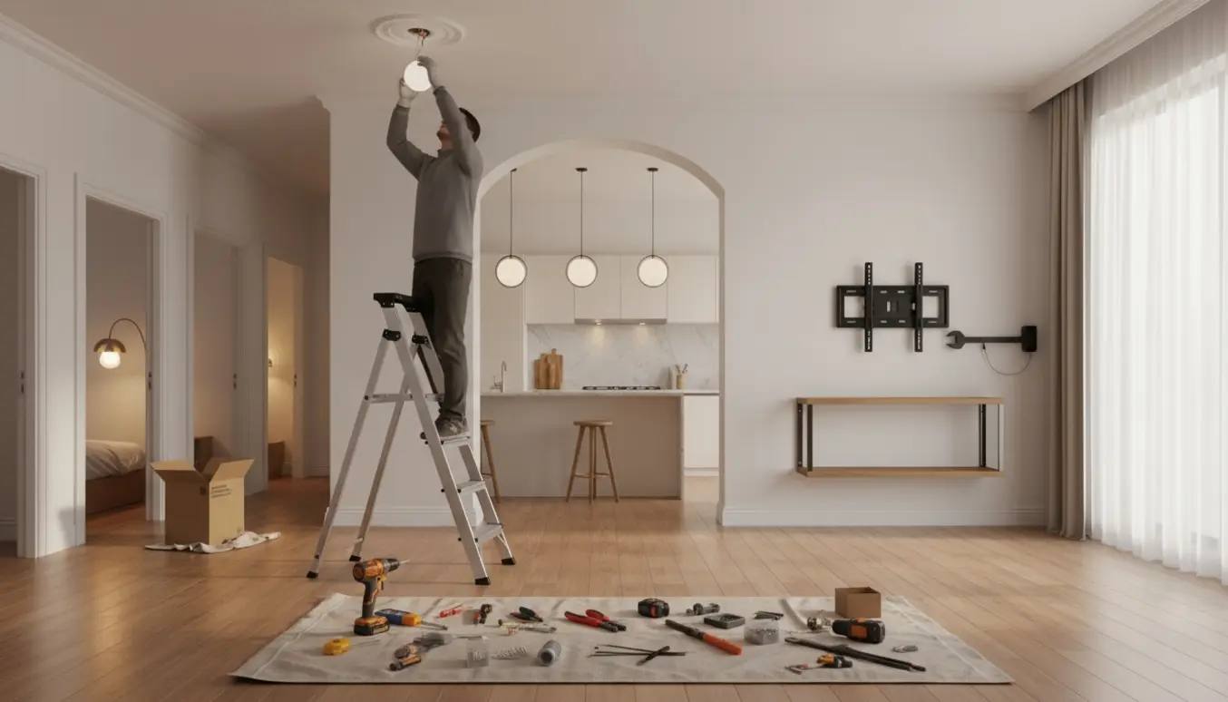 Håndværker på stige monterer loftslampe med værktøj og hylde og vægmonteret tv i baggrunden.
