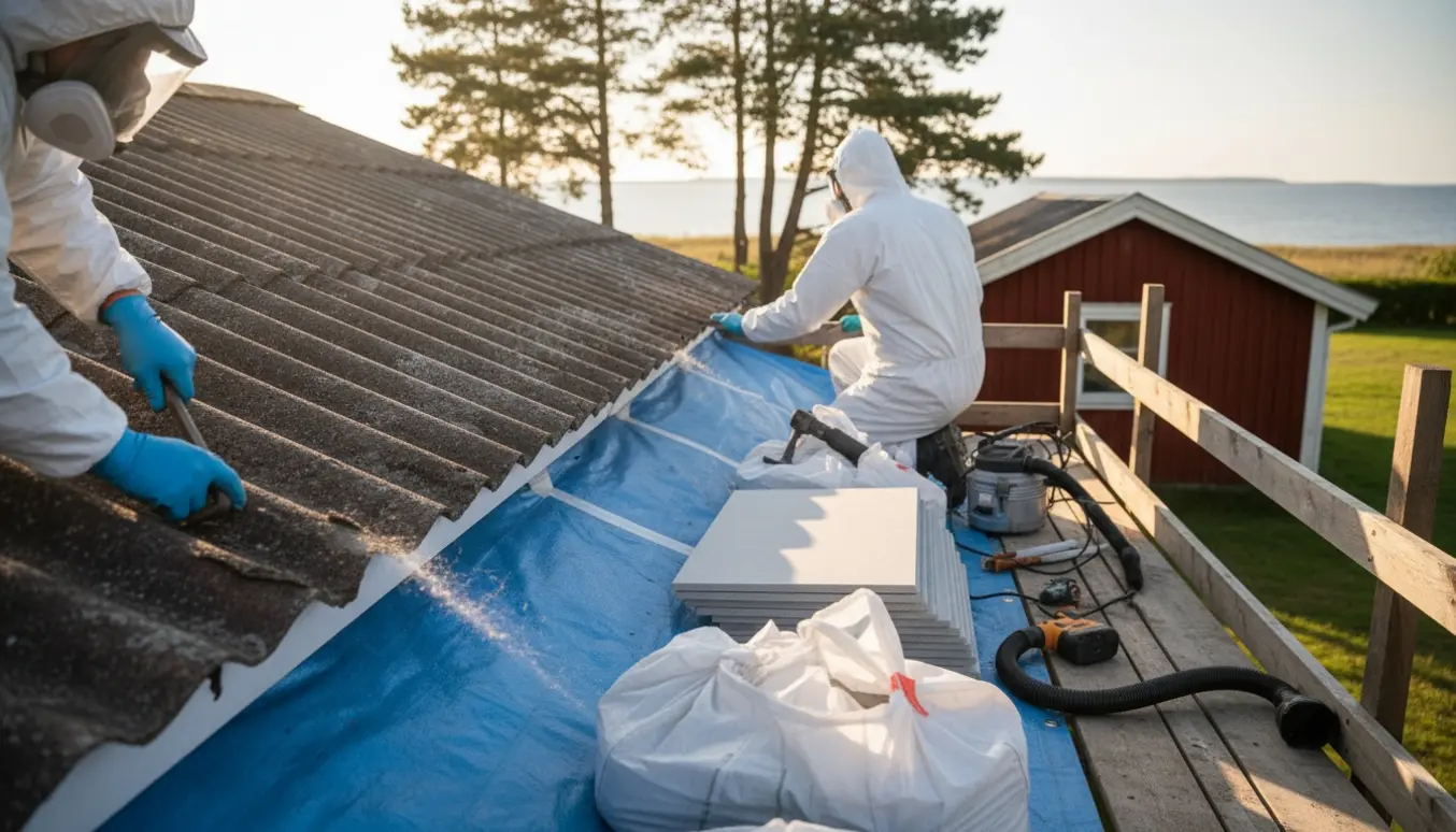 Håndværker i beskyttelsesdragt fjerner asbestbølgeplader fra et lille sommerhustag ved kysten.