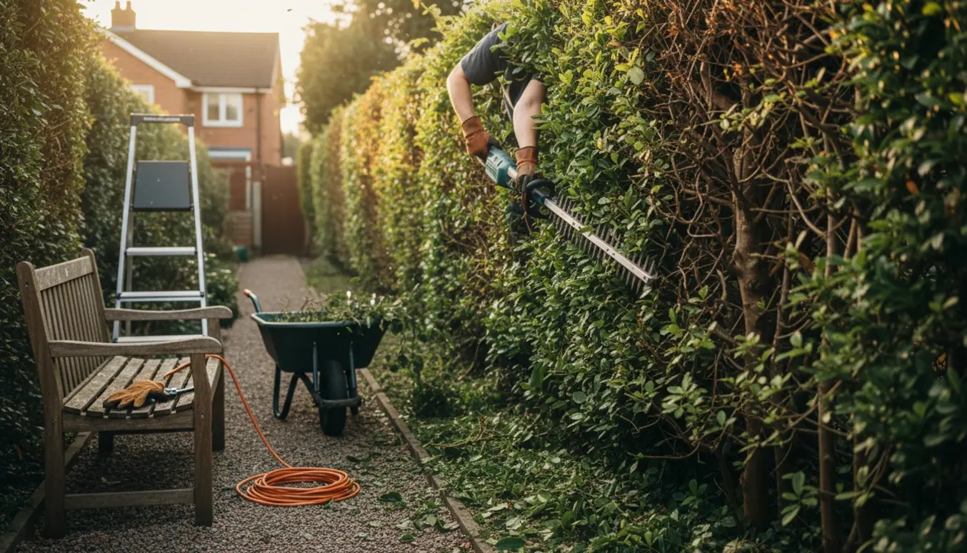 Lang, overgroet hæk på en skrånende lille grund, hvor hækkeklipperens hænder beskærer grenene.