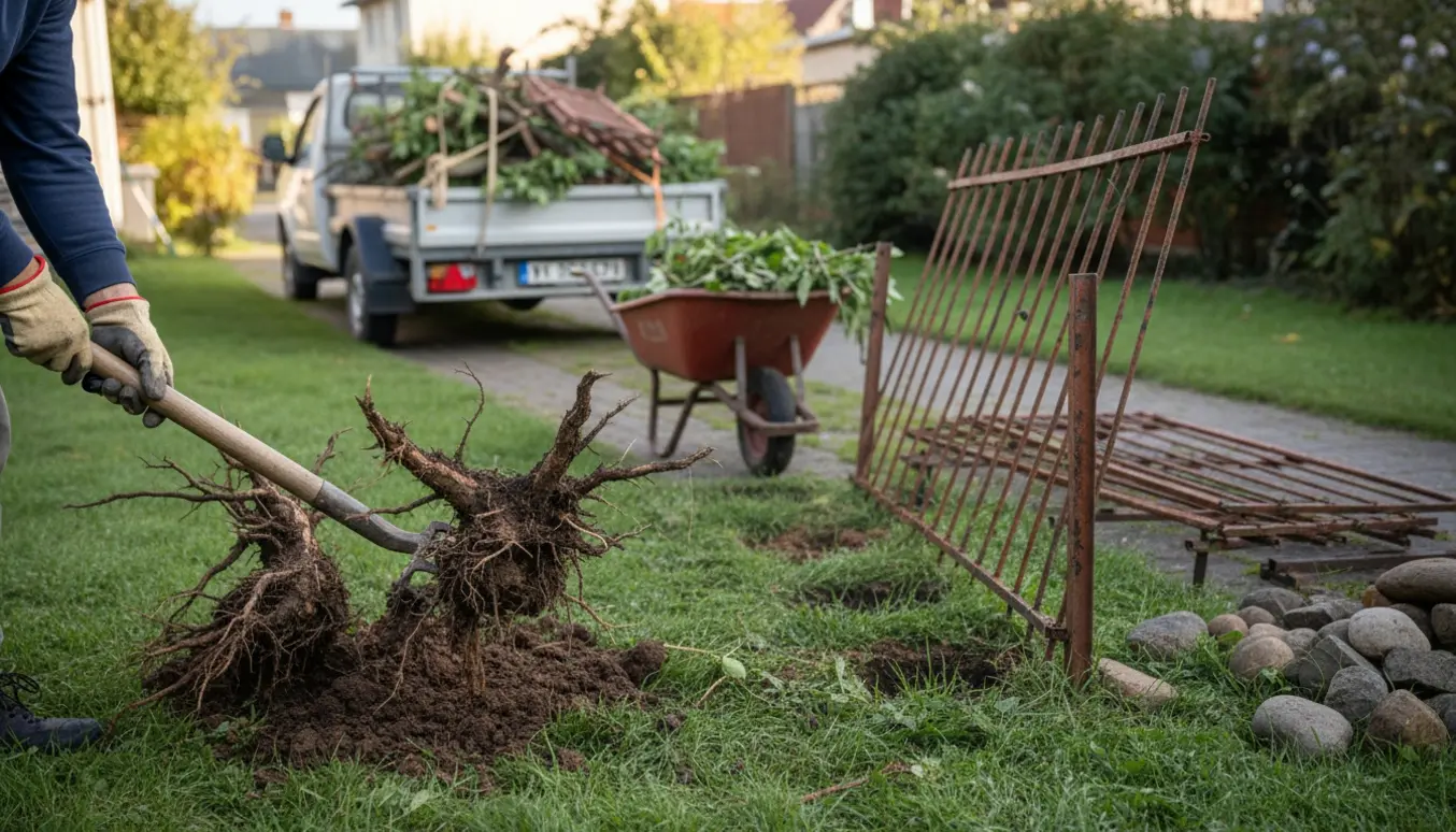 Haveaffald, afmonteret metalhegn og to opgravede rødder klar til bortkørsel i en lille baghave.