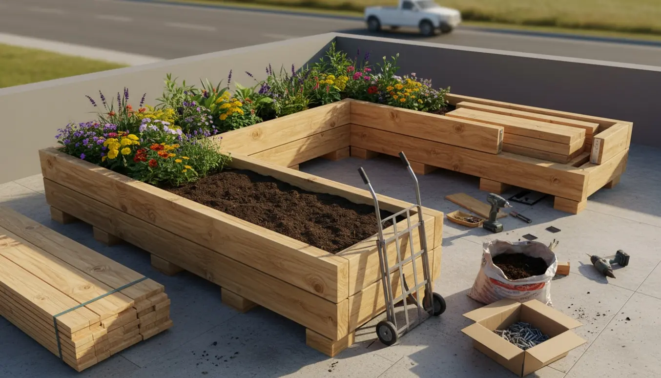 U-formet træhøjbed på terrasse med jord, blomster, værktøj og små klodser under bunden.