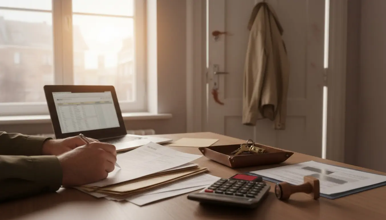 Hænder ved skrivebord med dokumenter, nøgler og pen klar til inkassosag om ubetalt leje og ulovlig beboelse.