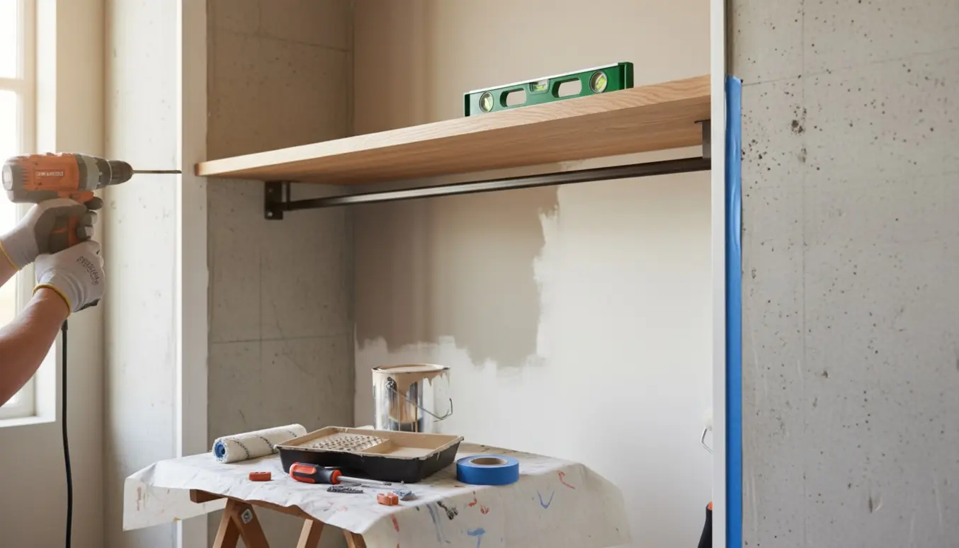 Nærbillede af montering af hattehylde og stang på murvæg med en nymalet lille garderobe i baggrunden.