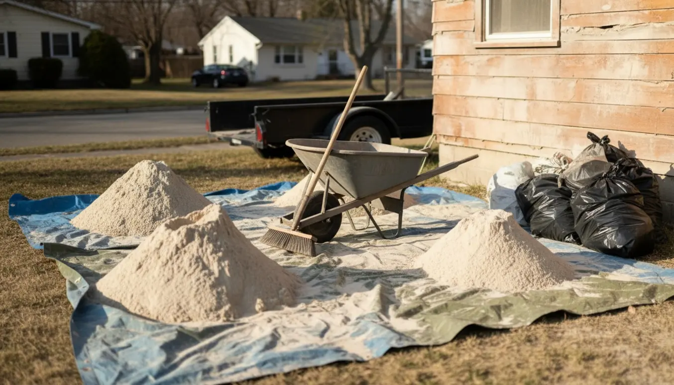 Oprydning efter sandblæsning med sandbunker på presenninger, trillebør, skovl og fyldte sække ved huset.
